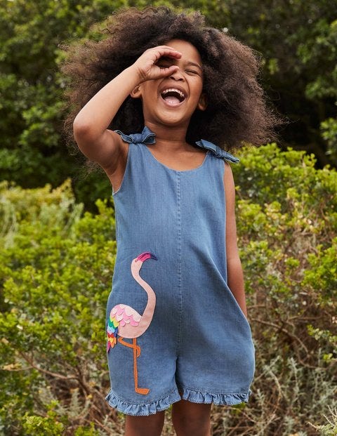Tie Shoulder Frill Playsuit - Chambray Flamingo Tie Shoulder Frill Playsuit - Chambray Flamingo