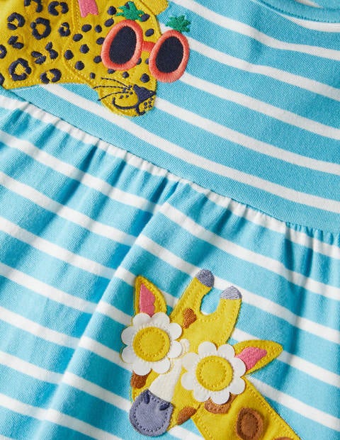 Frill Sleeve Appliqué Dress - Aqua Blue/ Ivory Animals Frill Sleeve Appliqué Dress - Aqua Blue/ Ivory Animals