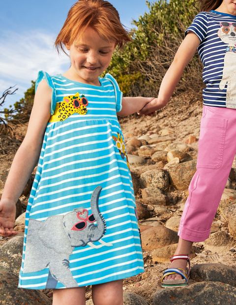 Frill Sleeve Appliqué Dress - Aqua Blue/ Ivory Animals Frill Sleeve Appliqué Dress - Aqua Blue/ Ivory Animals