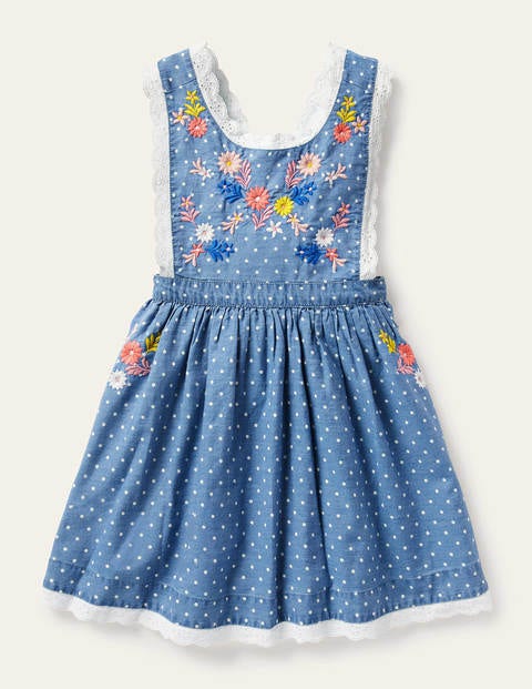 Embroidered Pinafore Dress - Chambray Pin Spot Embroidered Pinafore Dress - Chambray Pin Spot