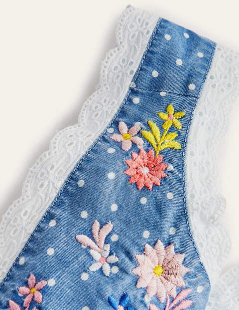 Embroidered Pinafore Dress - Chambray Pin Spot Embroidered Pinafore Dress - Chambray Pin Spot