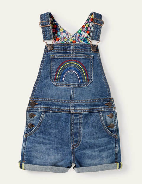 보덴 걸즈 멜빵 반바지 Boden Fun Short Dungarees - Light Vintage Denim Rainbow