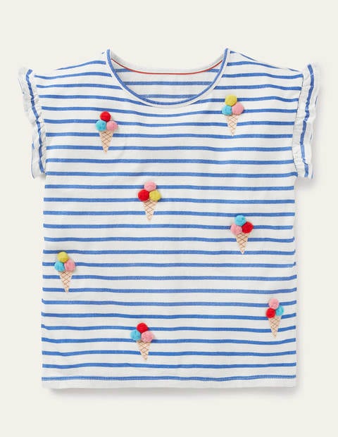 Pom Ruffle Sleeve Top - Ivory/ Blue Ice Creams Pom Ruffle Sleeve Top - Ivory/ Blue Ice Creams