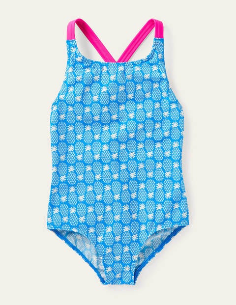 Cross-back Printed Swimsuit - Blue Cina Pineapple Geo