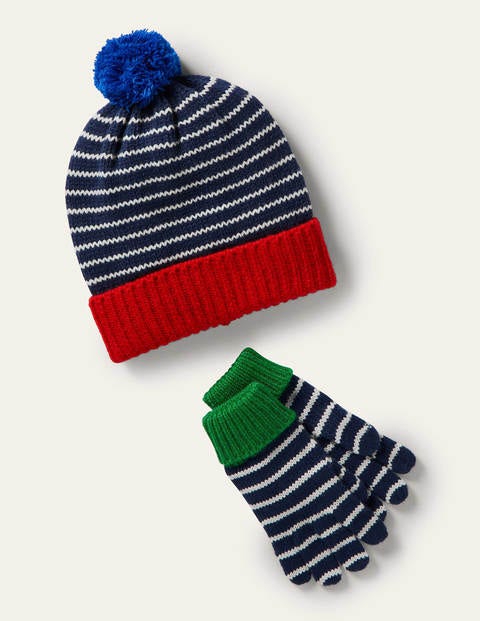 Knitted Striped Hat and Gloves - College Navy/Ivory