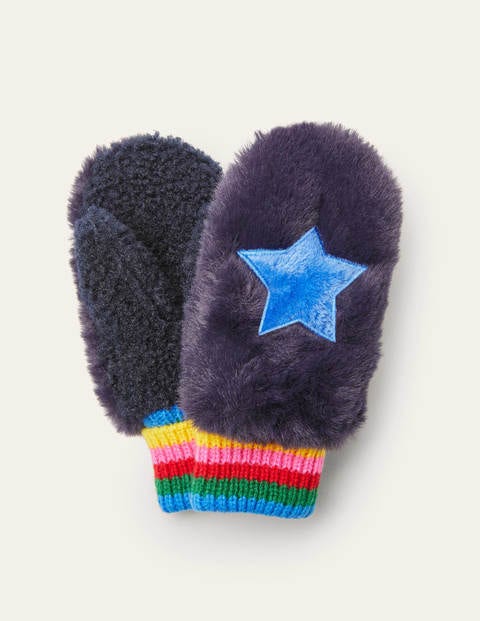 Faux Fur Mittens - College Navy Rainbow Faux Fur Mittens - College Navy Rainbow