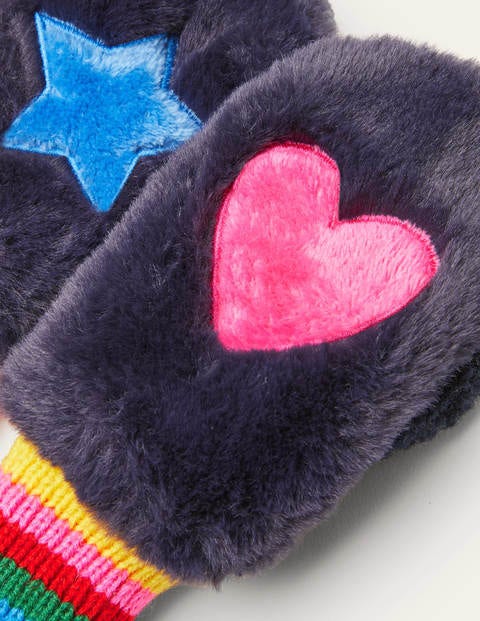 Faux Fur Mittens - College Navy Rainbow Faux Fur Mittens - College Navy Rainbow