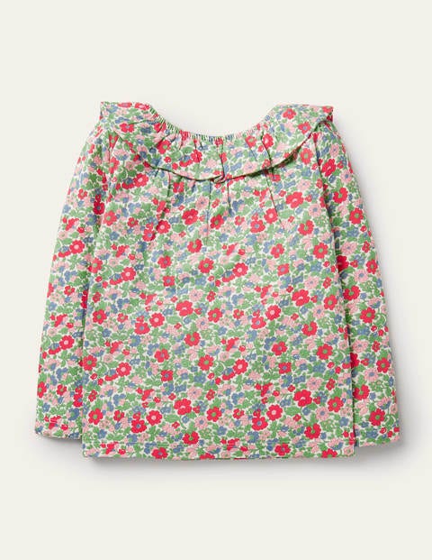 Jerseyoberteil mit Rüschenausschnitt - Bunt, Vintage-Blumenmuster Jerseyoberteil mit Rüschenausschnitt - Bunt, Vintage-Blumenmuster