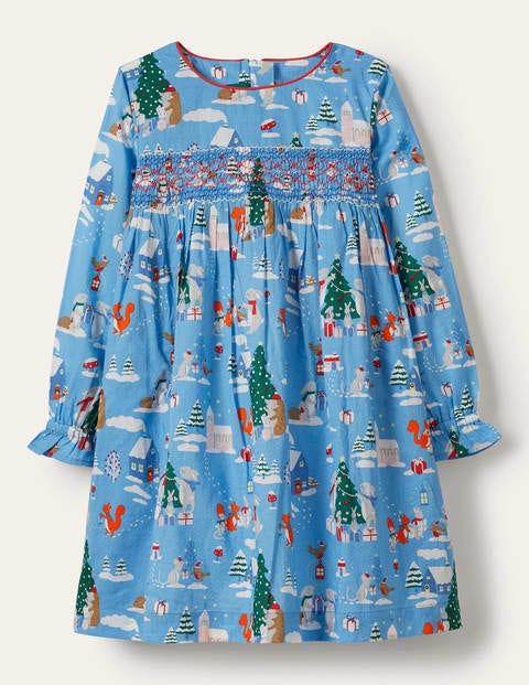 Smocked Dress - Blue Woodland Christmas
