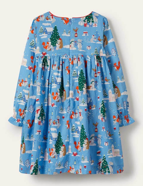 Smokkleid - Blau, Waldweihnachten Smokkleid - Blau, Waldweihnachten