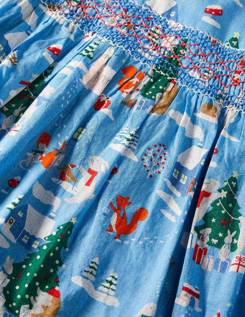 Smokkleid - Blau, Waldweihnachten Smokkleid - Blau, Waldweihnachten