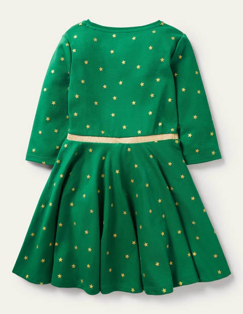Foil Star Twirly Dress - Green and Gold Foil Stars