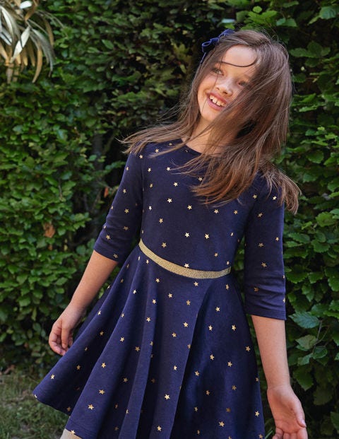 Kleid mit Tellerrock und Foliensternen - Navy/Gold, Foliensterne Kleid mit Tellerrock und Foliensternen - Navy/Gold, Foliensterne