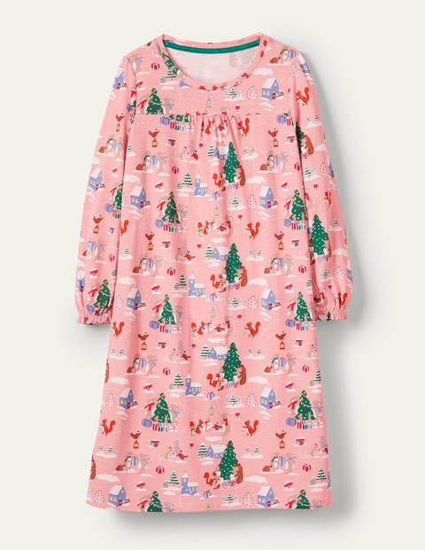 Printed Long-sleeved Nightgown - Boto Pink Woodland Christmas Printed Long-sleeved Nightgown - Boto Pink Woodland Christmas