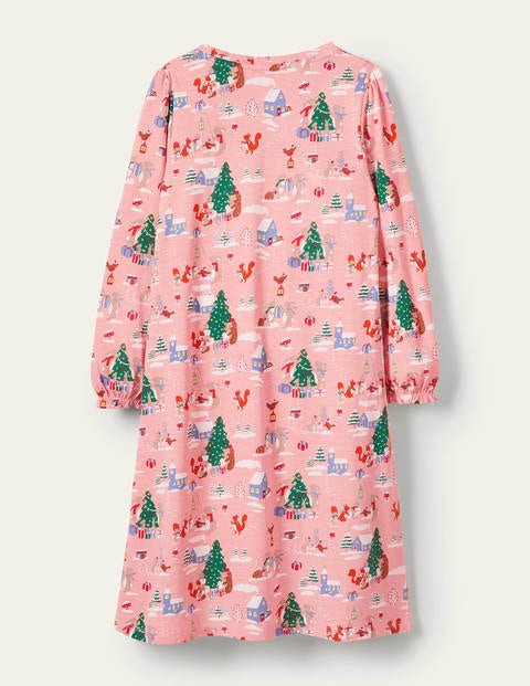 Printed Long-sleeved Nightgown - Boto Pink Woodland Christmas Printed Long-sleeved Nightgown - Boto Pink Woodland Christmas