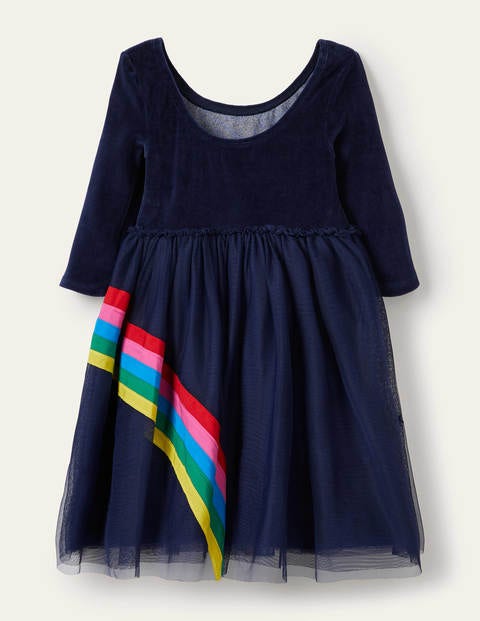Velvet Bodice Tulle Dress - College Navy Rainbow Velvet Bodice Tulle Dress - College Navy Rainbow