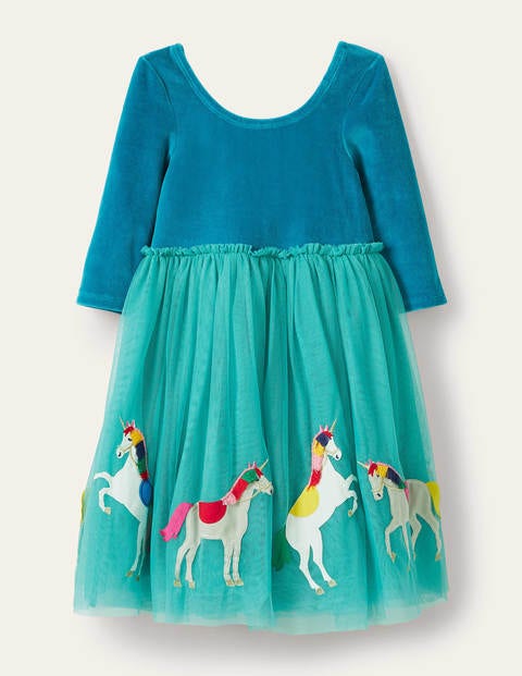 Tüllkleid mit Samtoberteil - Bachblau, Einhörner Tüllkleid mit Samtoberteil - Bachblau, Einhörner