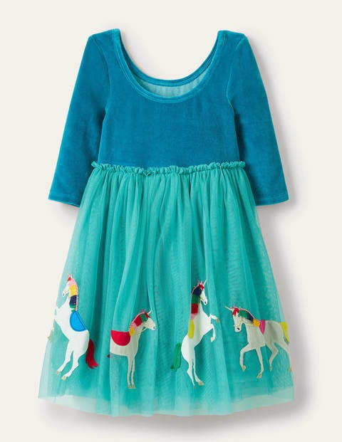 Tüllkleid mit Samtoberteil - Bachblau, Einhörner Tüllkleid mit Samtoberteil - Bachblau, Einhörner