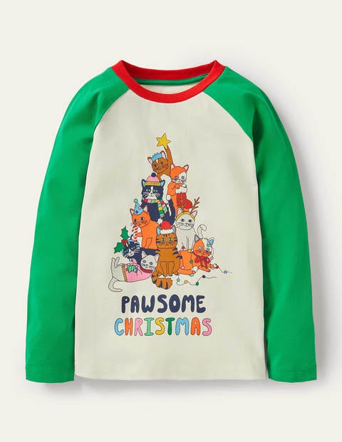 Raglan Festive Printed T-shirt - Green Pawsome Christmas