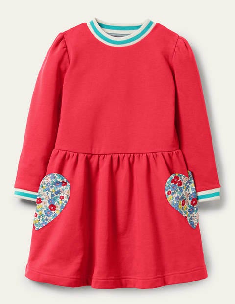 Appliqué Pocket Dress - Raspberry Pink Hearts Appliqué Pocket Dress - Raspberry Pink Hearts