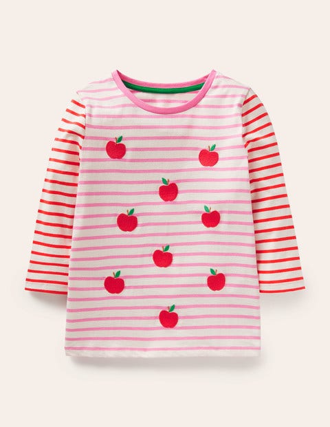 Embroidered Stripy T-shirt - Bright Petal Pink/Ivory Apples Embroidered Stripy T-shirt - Bright Petal Pink/Ivory Apples