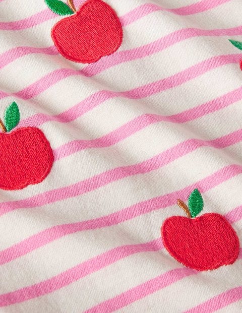 Embroidered Stripy T-shirt - Bright Petal Pink/Ivory Apples Embroidered Stripy T-shirt - Bright Petal Pink/Ivory Apples