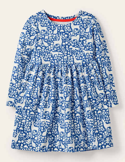 Fröhliches Jerseykleid mit langen Ärmeln - Elisabethanisches Blau, Waldmotiv