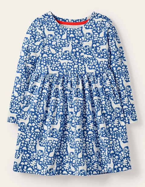 Long Sleeve Fun Jersey Dress - Elizabethan Blue Woodland | Boden UK