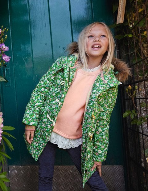Lange Jacke mit Wattierung - Waldgrün, Blumenmuster