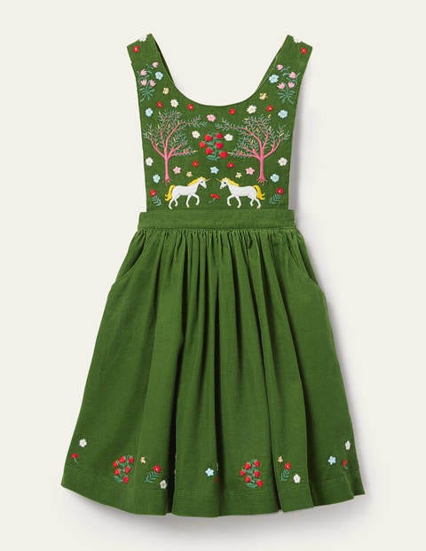 Embroidered Pinafore Dress - Willow Green Cord