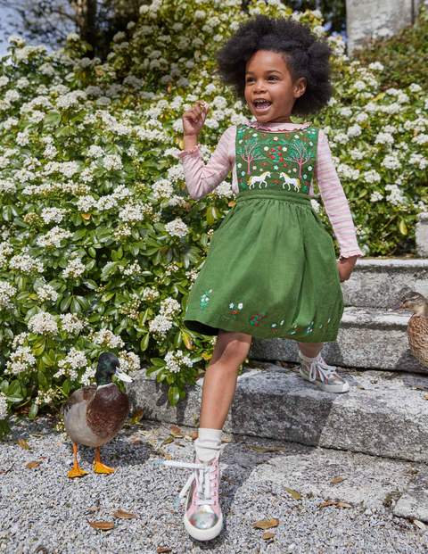 Embroidered Pinafore Dress - Willow Green Cord