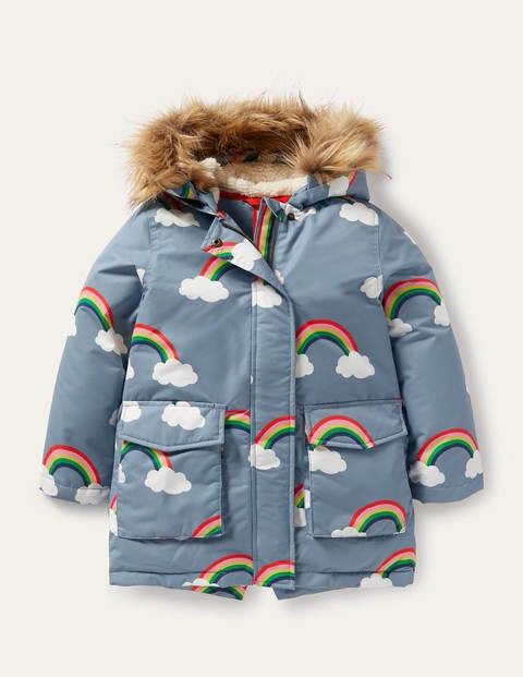Cosy Waterproof Coat - Wren Blue Rainbow Clouds Cosy Waterproof Coat - Wren Blue Rainbow Clouds