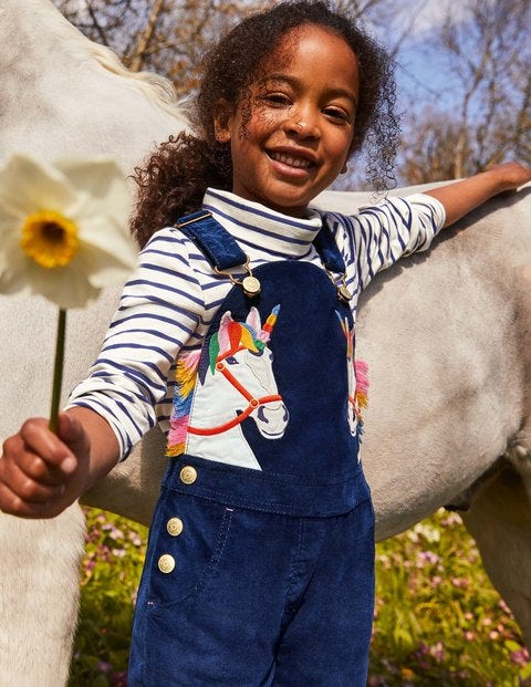 Appliqué Velvet Dungarees - Starboard Blue Unicorns Appliqué Velvet Dungarees - Starboard Blue Unicorns
