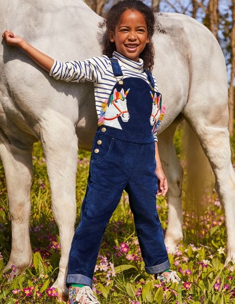 Appliqué Velvet Dungarees - Starboard Blue Unicorns Appliqué Velvet Dungarees - Starboard Blue Unicorns