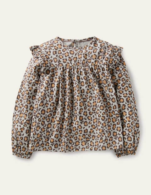 Floaty Printed Ruffle Top - Grey Marl Leopard Print Floaty Printed Ruffle Top - Grey Marl Leopard Print