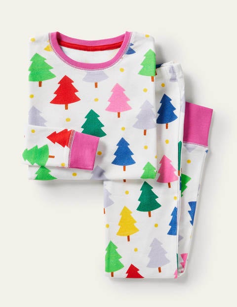 Snug Long John Pajamas - Ivory Rainbow Christmas Trees