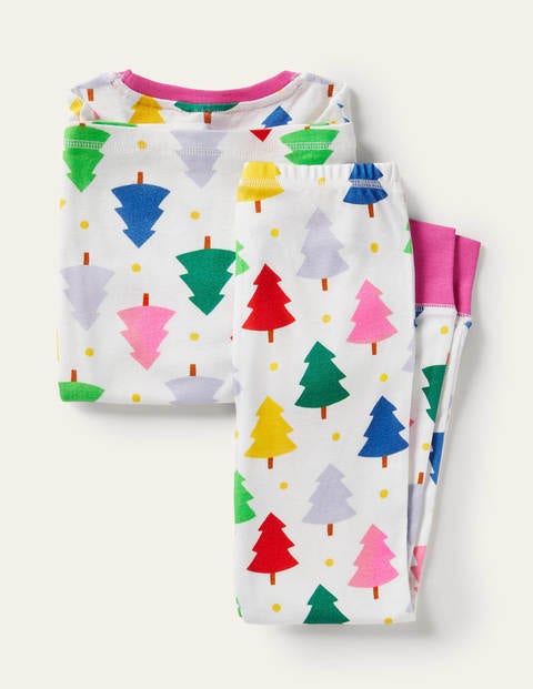 Snug Long John Pajamas - Ivory Rainbow Christmas Trees