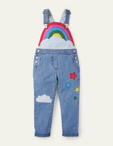 Latzhose mit Regenbogenapplikation - Mittleres Vintageblau, Denim Latzhose mit Regenbogenapplikation - Mittleres Vintageblau, Denim