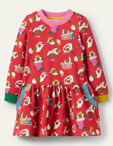 Gemütliches Sweatshirt-Kleid mit Muster - Rot, Festliche Meerschweinchen Gemütliches Sweatshirt-Kleid mit Muster - Rot, Festliche Meerschweinchen