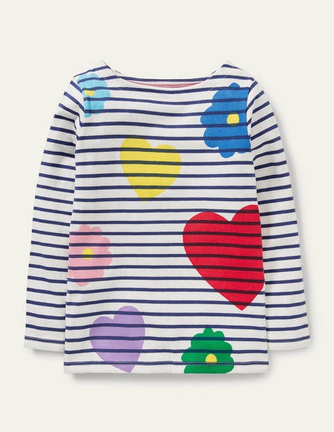 Alltagstaugliches Bretonshirt - Naturweiß/Navy, Regenbogenfarbene Blumen Alltagstaugliches Bretonshirt - Naturweiß/Navy, Regenbogenfarbene Blumen