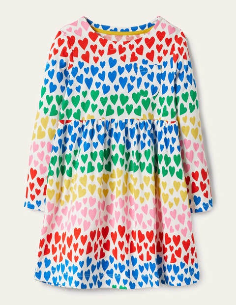 Long Sleeve Fun Jersey Dress - Multi Rainbow Hearts