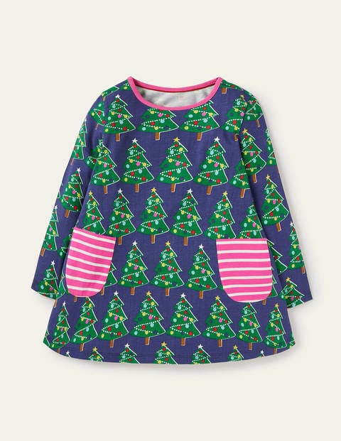 Printed Jersey Pocket Tunic - Starboard Blue Christmas Trees