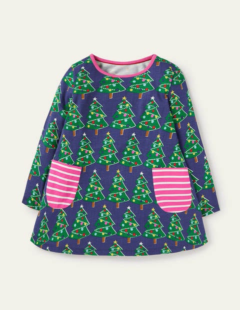 Gemusterte Jerseytunika mit Taschen - Segelblau, Weihnachtsbäume Gemusterte Jerseytunika mit Taschen - Segelblau, Weihnachtsbäume