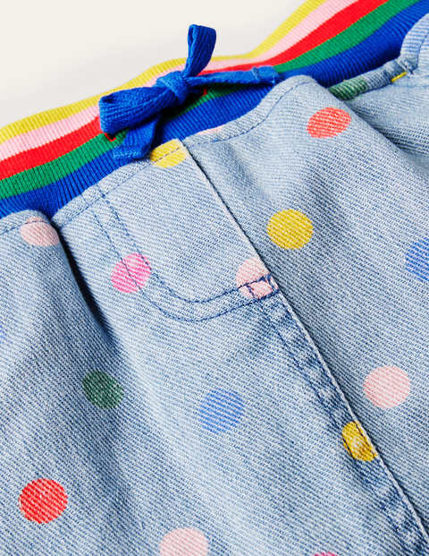 Denim-Rock mit Regenbogen-Rippung - Faux-Uni, Bunte Tupfen Denim-Rock mit Regenbogen-Rippung - Faux-Uni, Bunte Tupfen