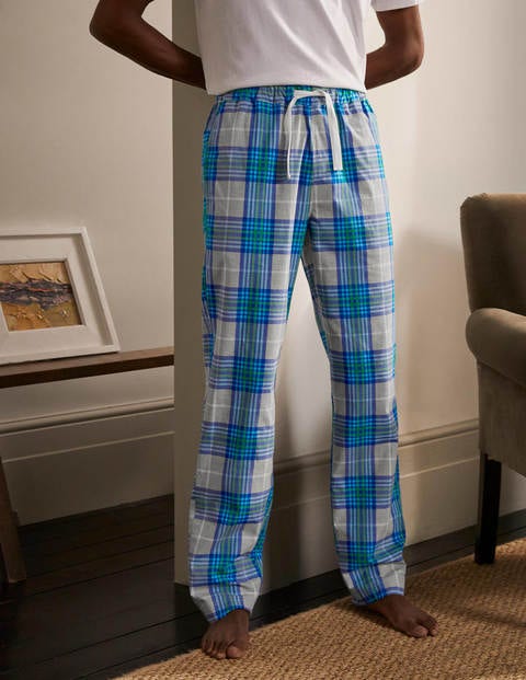 Cotton Poplin Pyjama Bottoms - Grey Marl/Electric Blue Check Cotton Poplin Pyjama Bottoms - Grey Marl/Electric Blue Check