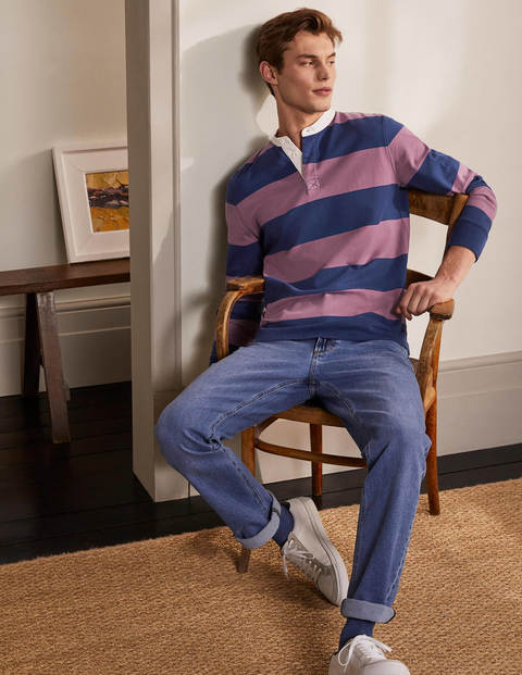 Grandad Collar Rugby Shirt - Navy Blue/Dusky Mauve Stripe Grandad Collar Rugby Shirt - Navy Blue/Dusky Mauve Stripe