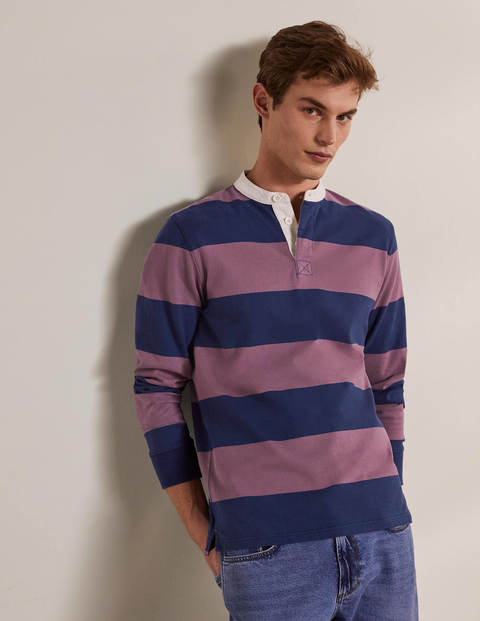 Grandad Collar Rugby Shirt - Navy Blue/Dusky Mauve Stripe Grandad Collar Rugby Shirt - Navy Blue/Dusky Mauve Stripe