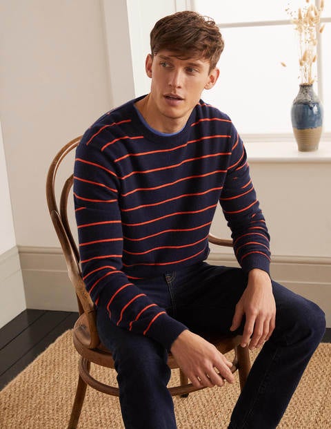 Cashmere Crew Neck - Navy/Orange Stripe Cashmere Crew Neck - Navy/Orange Stripe