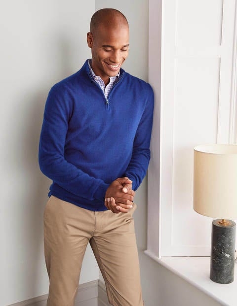 Kaschmirpullover mit halbem Reißverschluss - Griechisches Blau Melange Kaschmirpullover mit halbem Reißverschluss - Griechisches Blau Melange