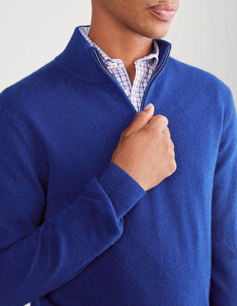 Kaschmirpullover mit halbem Reißverschluss - Griechisches Blau Melange Kaschmirpullover mit halbem Reißverschluss - Griechisches Blau Melange